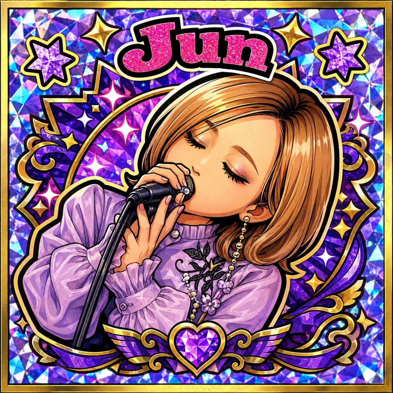 紫のブラウスでマイクに口づけ、目を閉じて歌う JUN。キラキラのカード