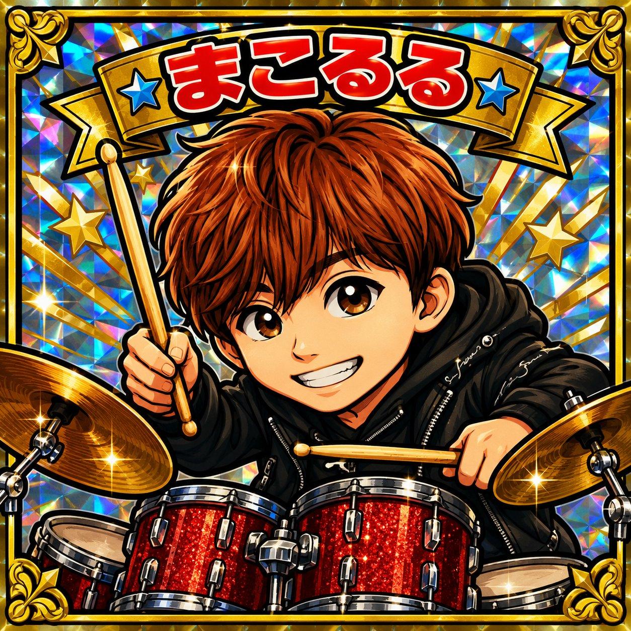 赤いラメのドラムを叩くまこるる。キラキラのカード
