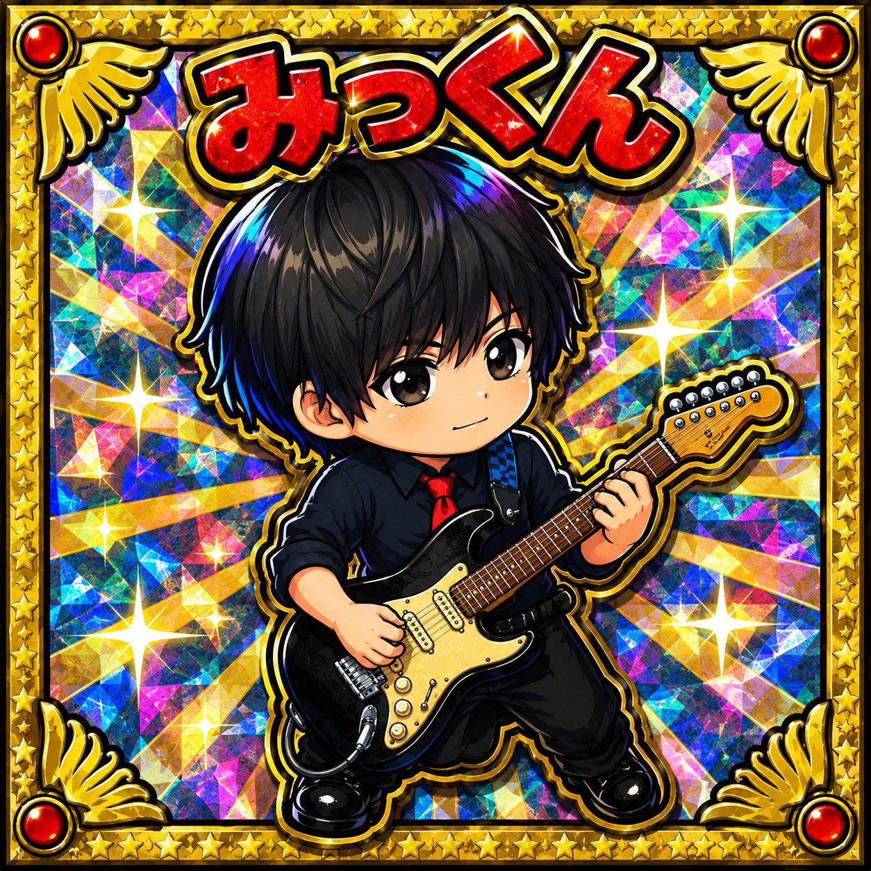 赤いネクタイと黒いストラトを構える みっくん。キラキラのカード
