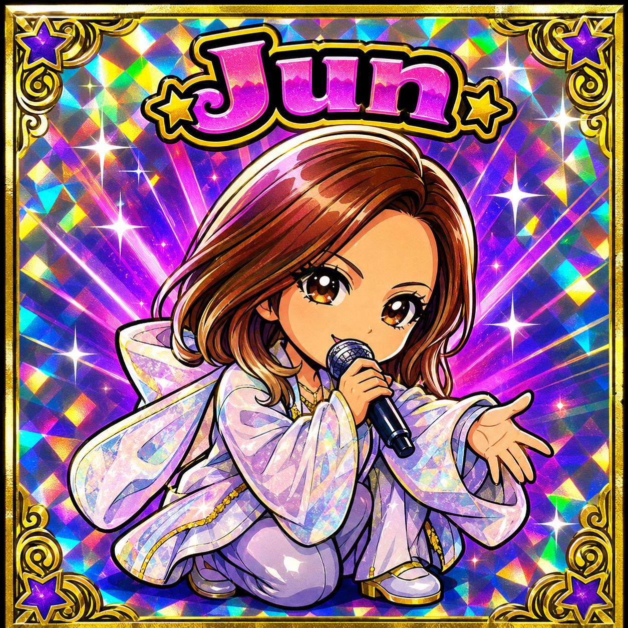 白い衣装で膝立ち、マイクを持つ JUN。キラキラの一枚
