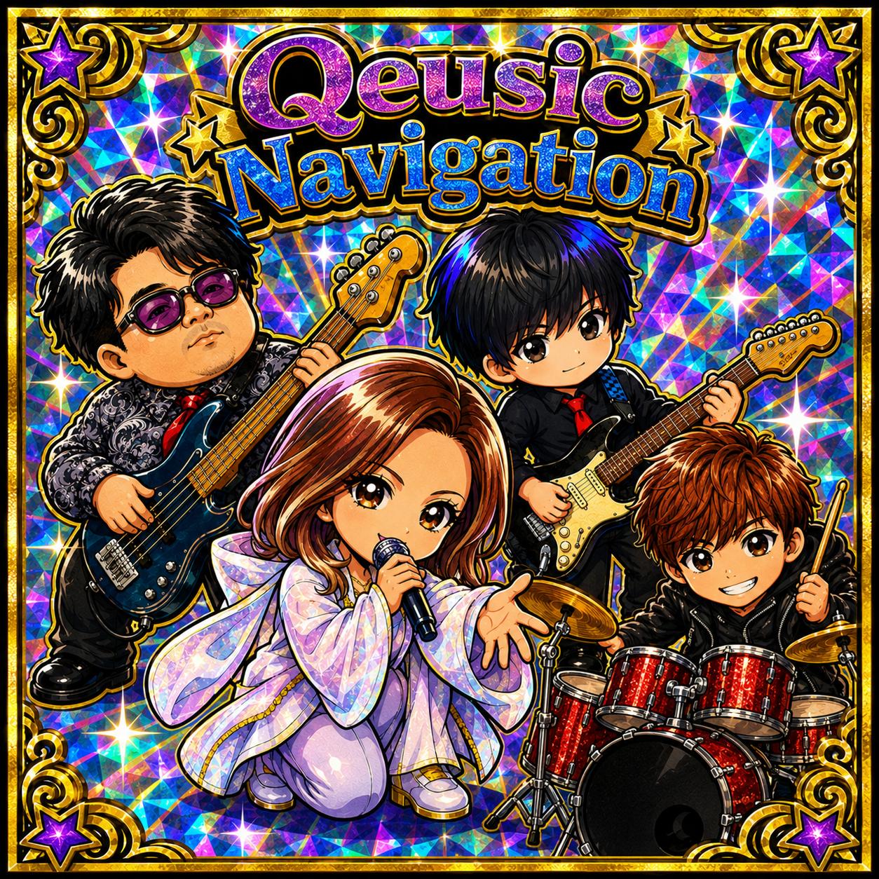 キラキラの枠。JUNが手前で歌い、のすけ・みっくん・まこが並ぶQeusic Navigationのイラスト