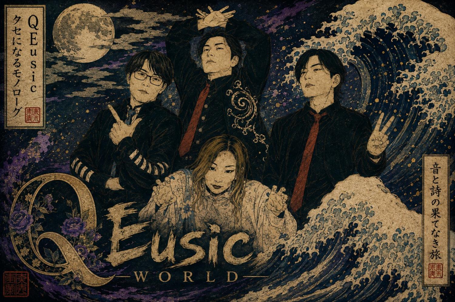 月と北斎の波、紫の薔薇。QEUSIC 4人の浮世絵。クセになるモノローグ、音と詩の果てなき旅